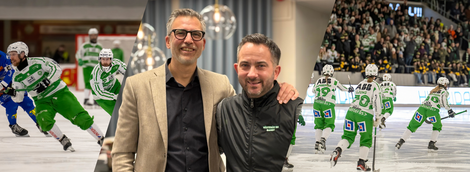 Fotocollage av bandyspelare i VSK Bandy, Johan Inestam, CFO Westermo, och Michael Campese, klubbchef VSK.