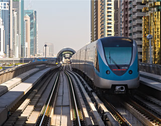 Subway train, train track, city