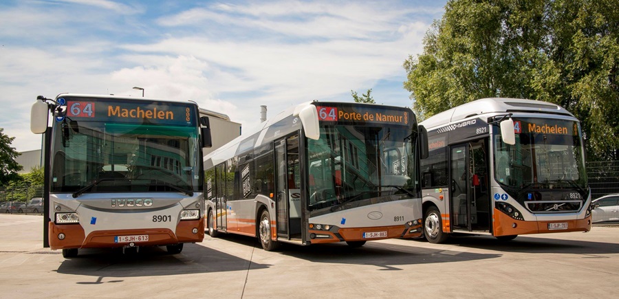 STIB-MIVB electric and hybrid standard and articulated buses from Iveco, Solaris and Volvo.