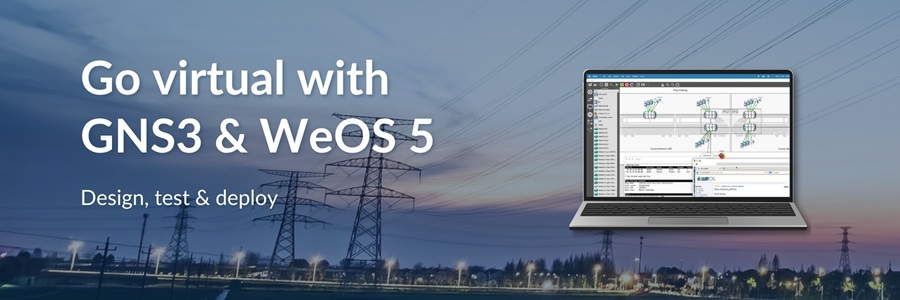 A picture with a computer screen of GNS3 x WeOS 5