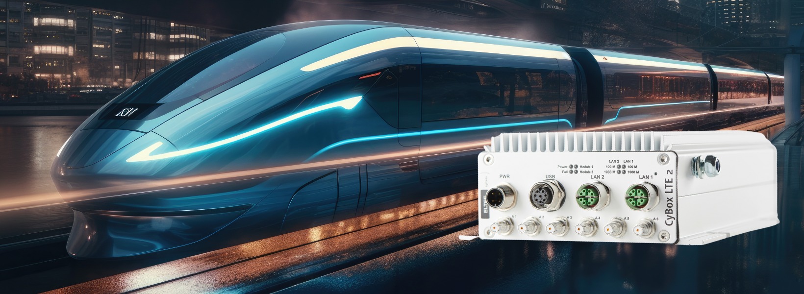 Image of train and the LTE router Cybox.