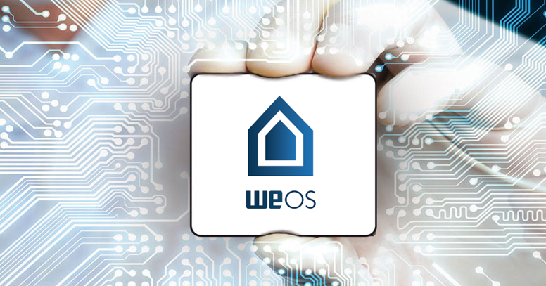 Hand holding the WeOS logo.