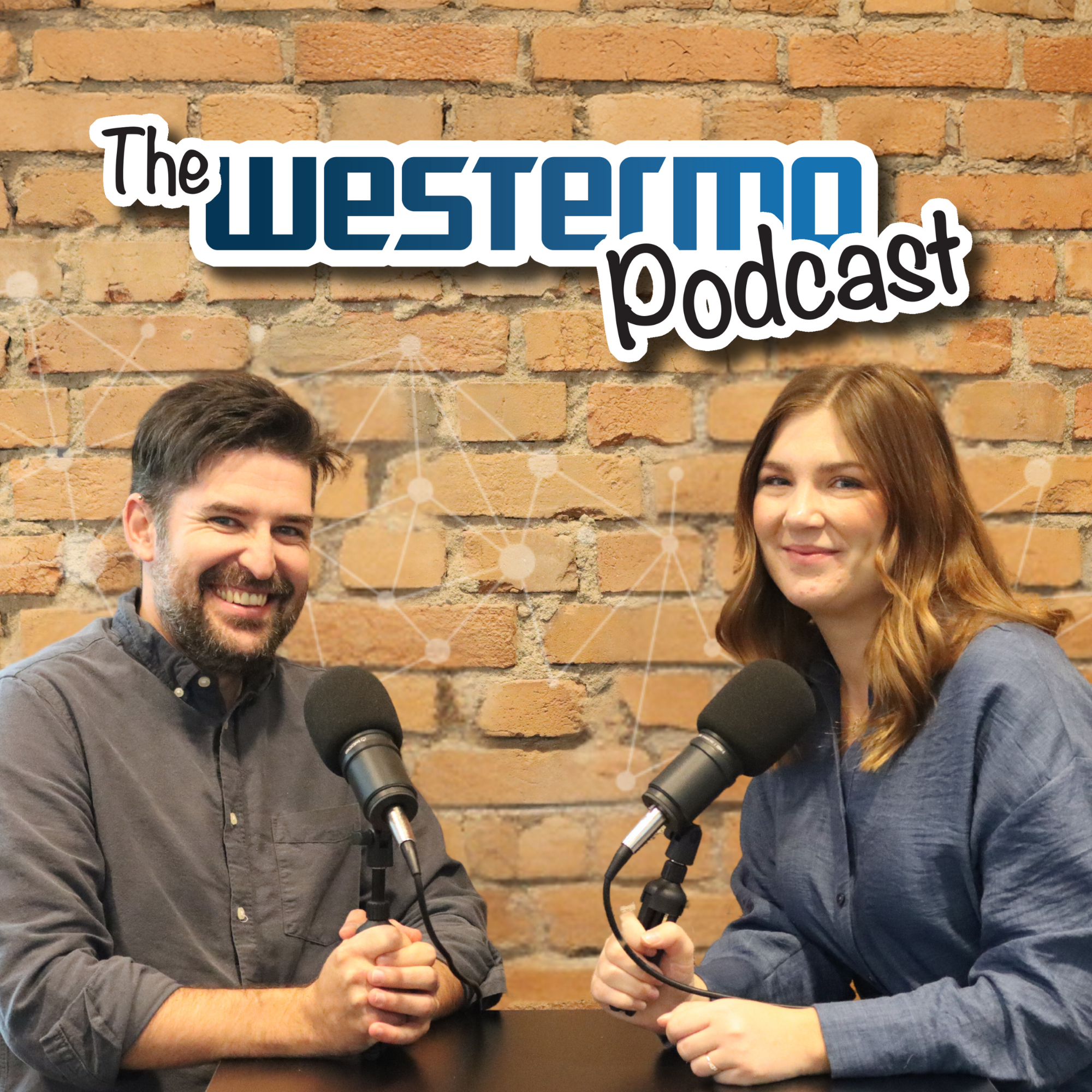 A man and a woman with podcast microphones. Text says the Westermo podcast.