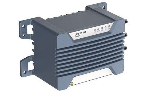 Westermo Ibex-RT-280 IWLAN Dual Fibre Access Point, left view.