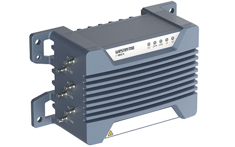 Right angle view of the Ibex-RT-630 EN 50155 LTE and WLAN Router by Westermo.