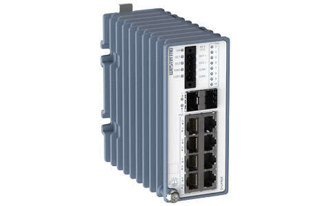 Image of the front angle of lynx 3510, an industrial poe Ethernet switch with DIN-rail mounting