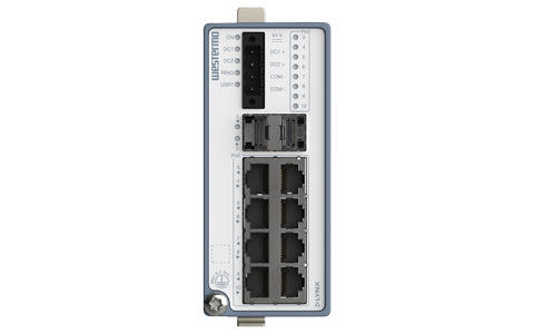 Image of the front of lynx 3510, an industrial poe Ethernet switch with DIN-rail mounting