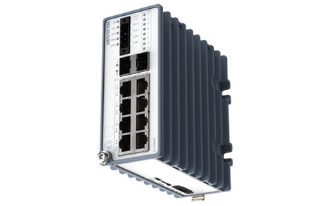 Perspective image of the lynx 3510, an industrial poe Ethernet switch with DIN-rail mounting