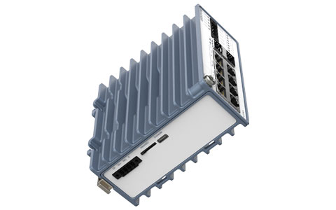 Perspective image of the lynx 3510, an industrial poe Ethernet switch with DIN-rail mounting