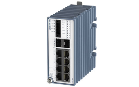Image of the front angle of lynx 3510, an industrial poe Ethernet switch with DIN-rail mounting