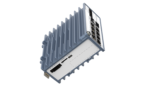 Perspective image of the lynx 3510, an industrial PoE Ethernet switch with DIN-rail mounting