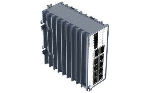 Perspective image of the lynx 3510, an industrial poe Ethernet switch with DIN-rail mounting