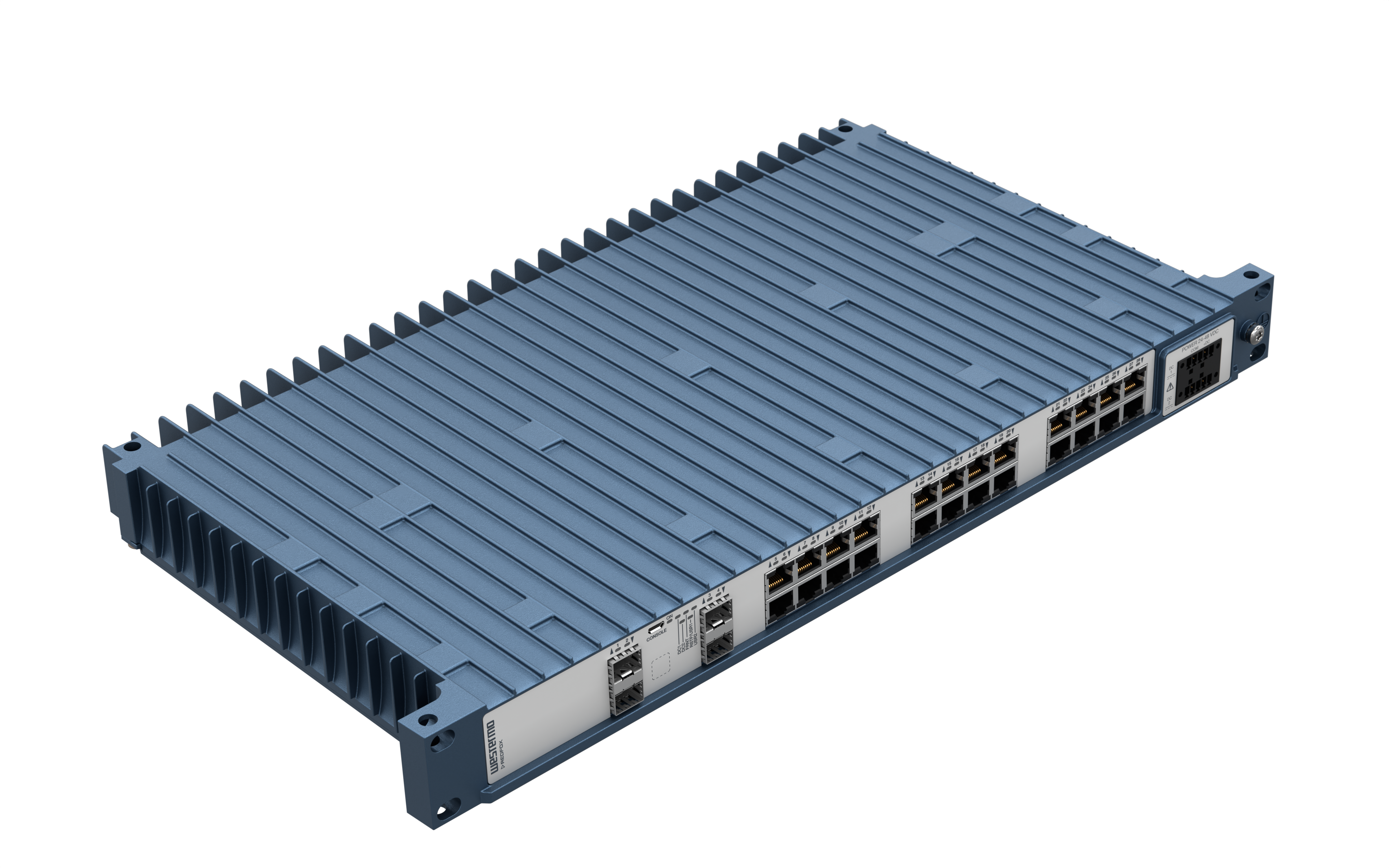 Westermo Industrial Rackmount Switch Redfox-5328-F4G-T24 top left angle view.