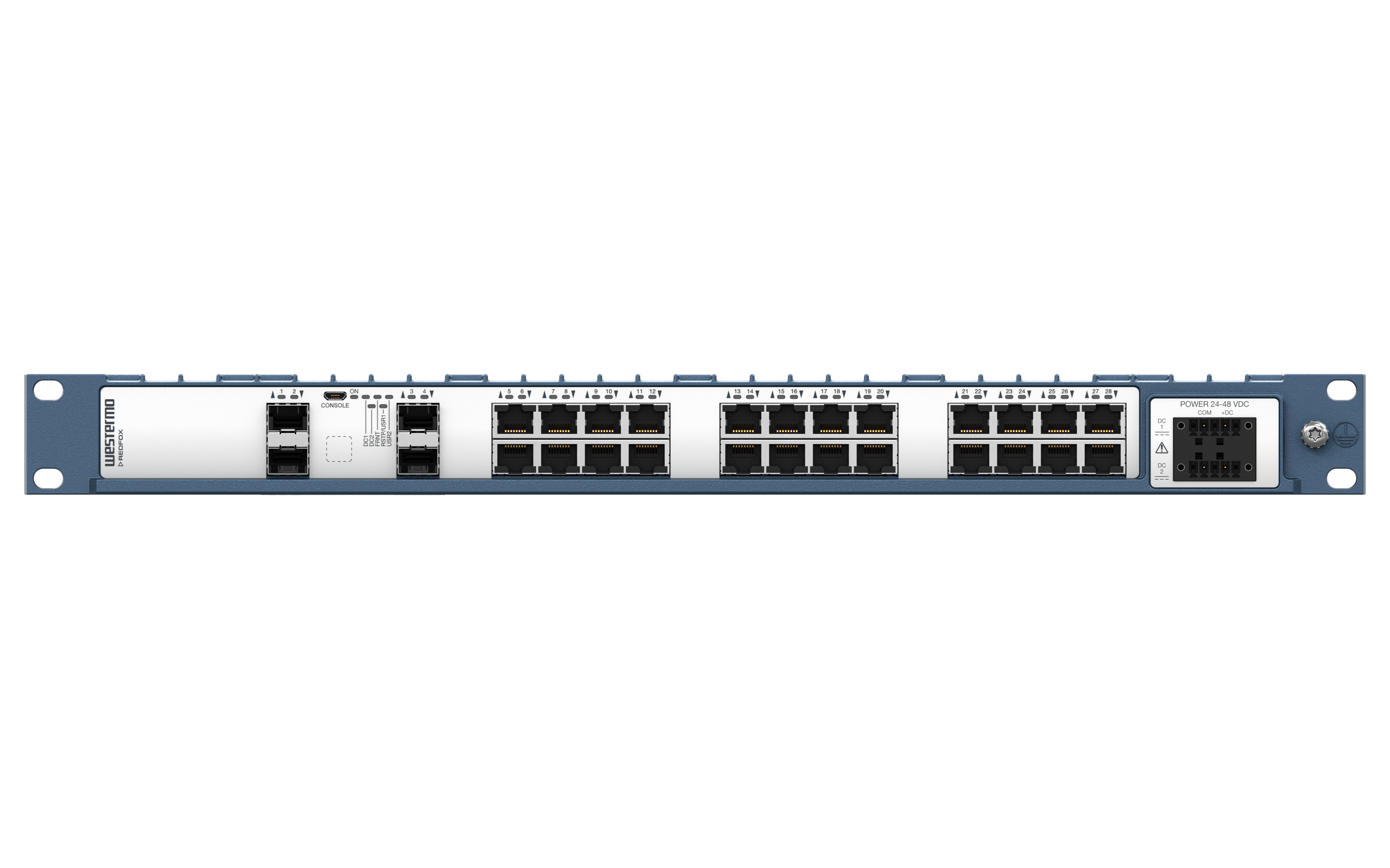 Westermo Industrial Rackmount Switch Redfox-5328-F4G-T24 front view.