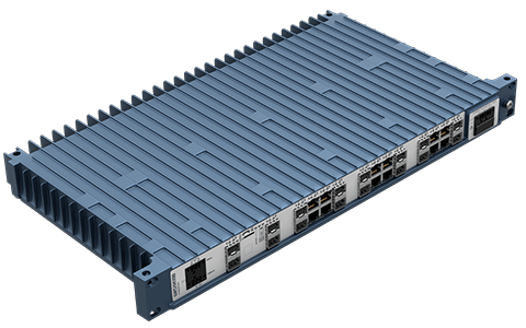Westermo Industrial Rackmount Switch Redfox-5528-F16G-T12G top left angle view.