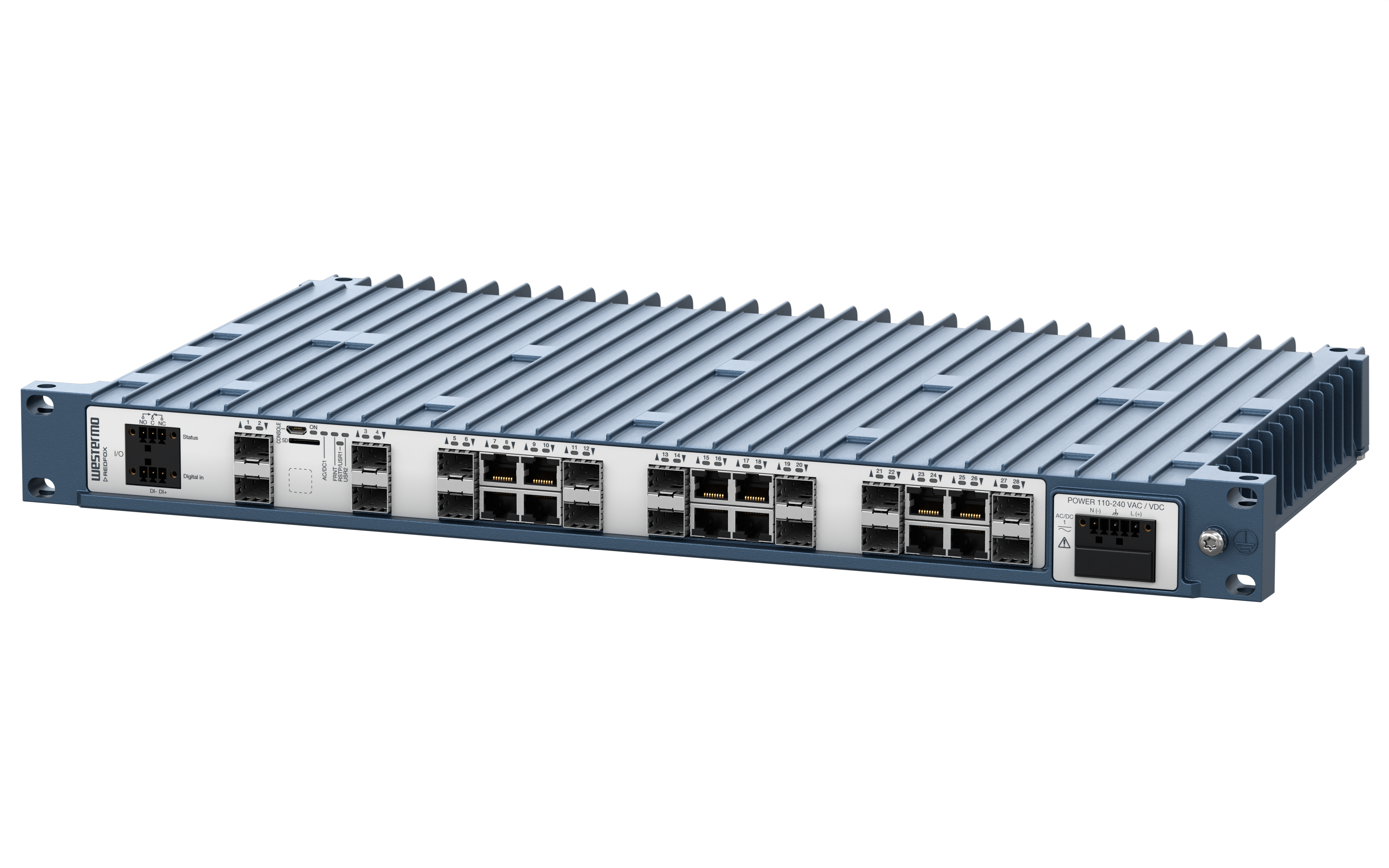 Westermo Industrial Rackmount Switch Redfox-5528-F16G-T12G right view.