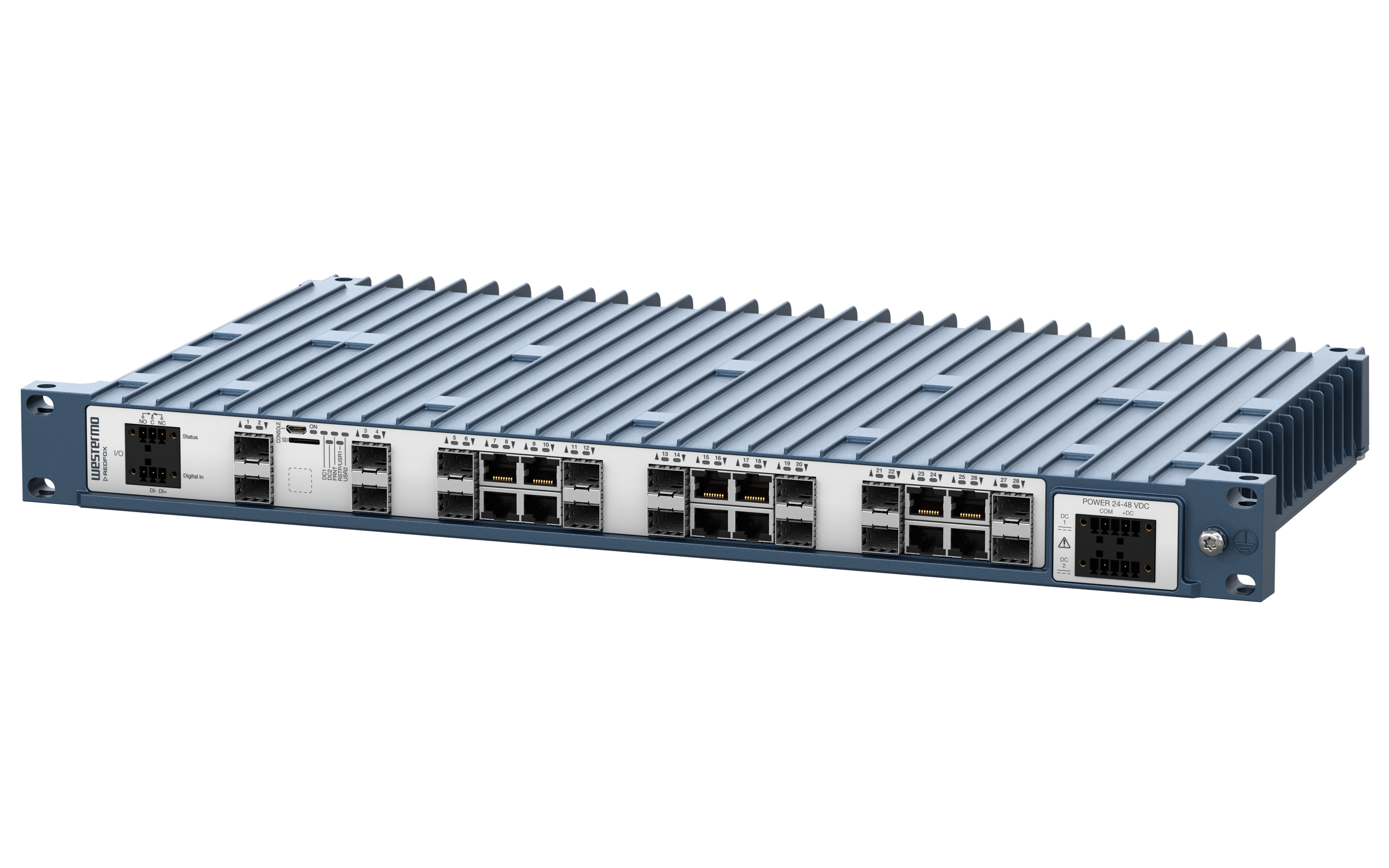 Westermo Industrial Rackmount Switch Redfox-5528-F16G-T12G-LV right view.