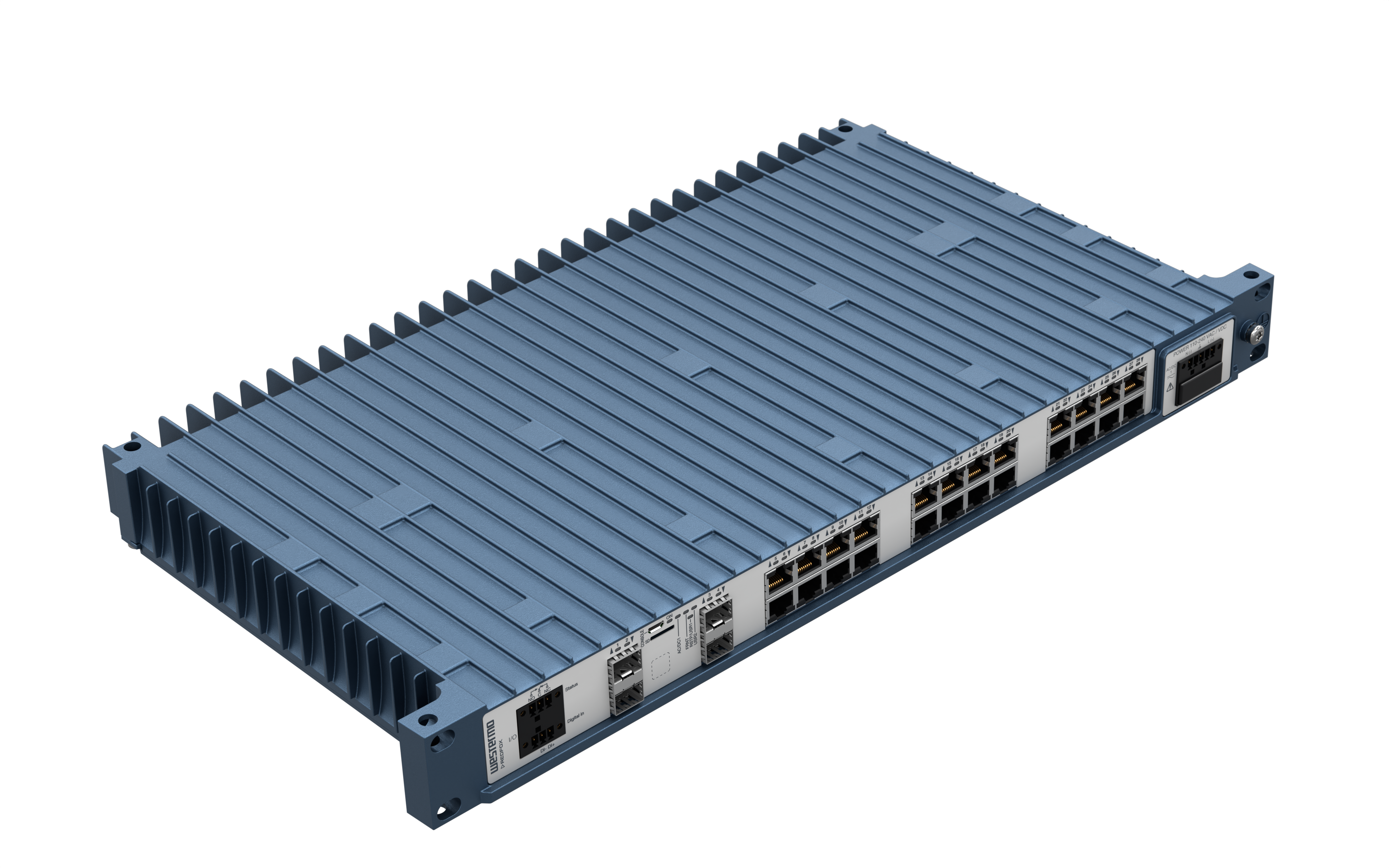 Westermo Industrial Rackmount Switch Redfox-5528-F4G-T24G-HV top left angle view.