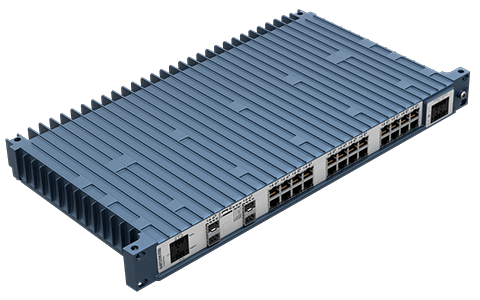 Westermo Industrial Rackmount Switch Redfox-5528-F4G-T24G-LV top left angle view.