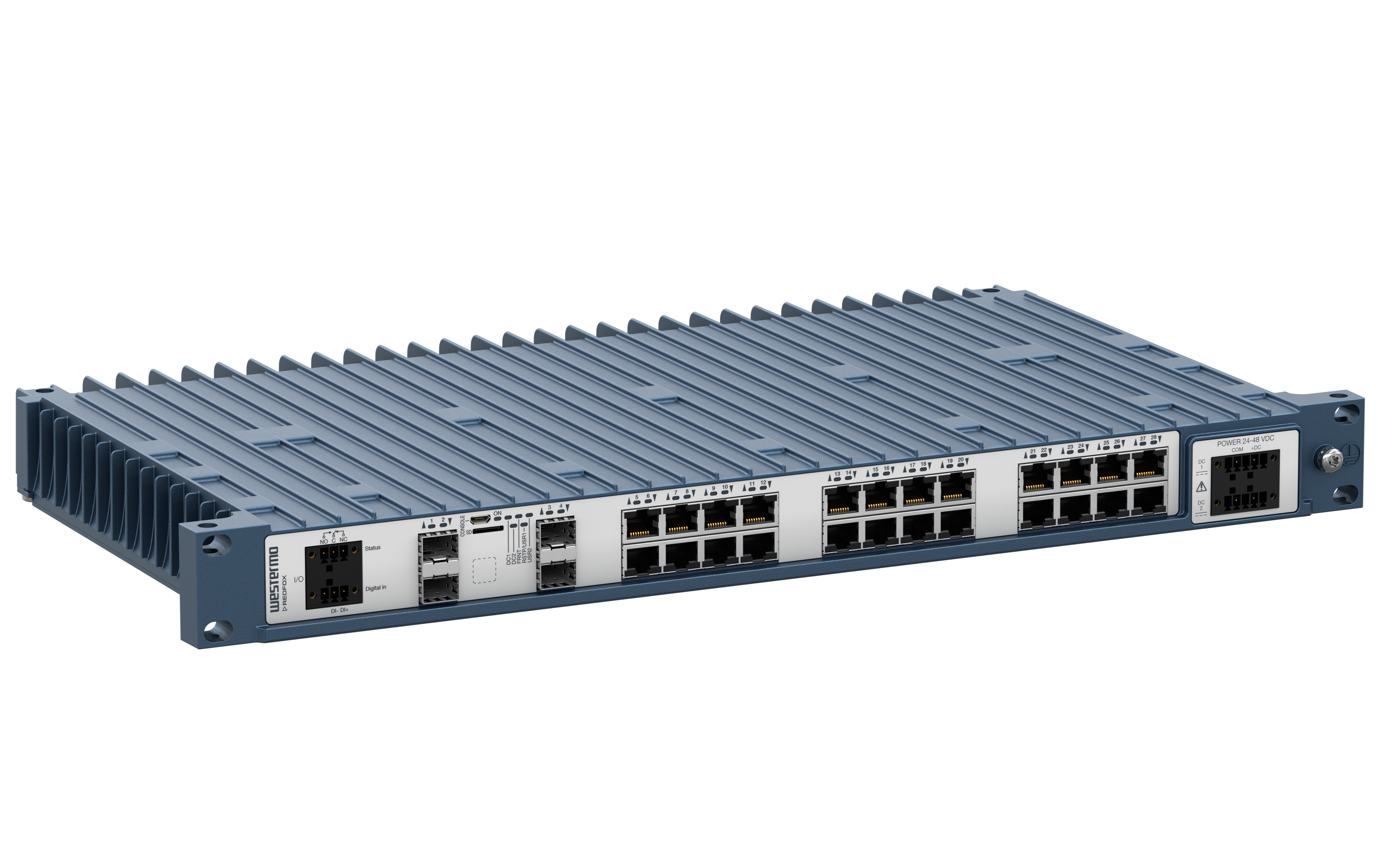 Westermo Industrial Rackmount Switch Redfox-5528-F4G-T24G-LV left view.