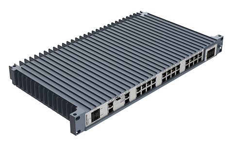 Westermo Industrial Rackmount Switch Redfox-5528-T28G top left angle view.