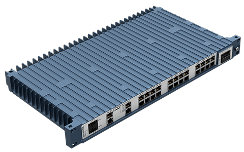 Westermo Industrial Rackmount Switch Redfox-5528-T28G-HV top left angle view.