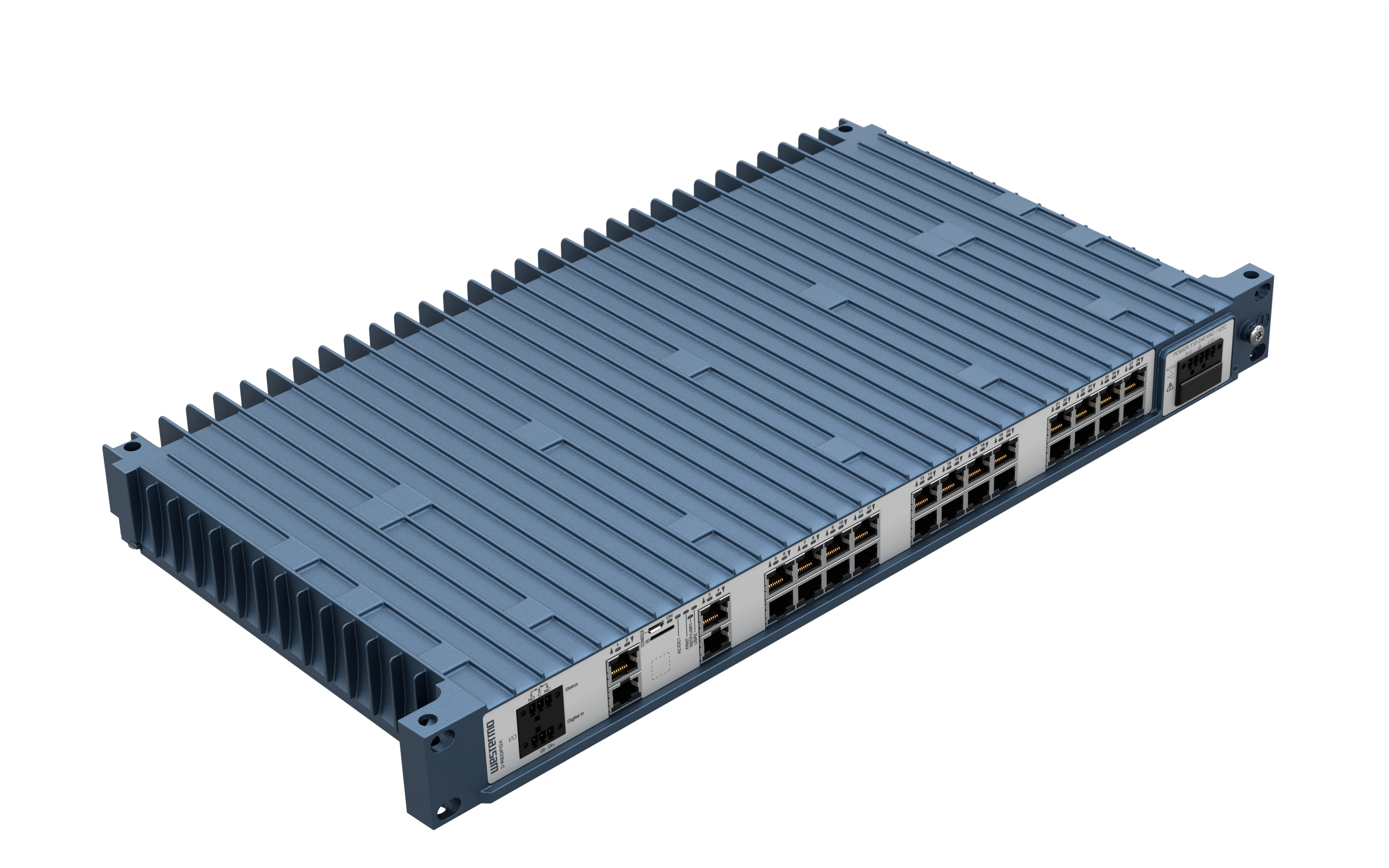 Westermo Industrial Rackmount Switch Redfox-5528-T28G-HV top left angle view.