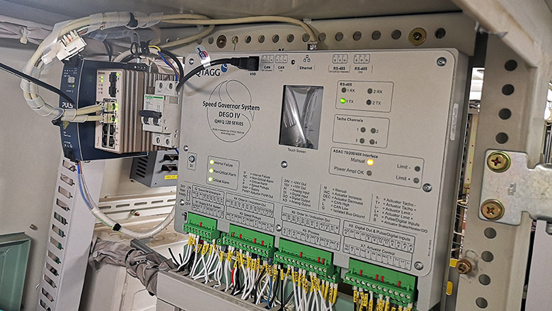 Westermo’s Lynx switch installed next to Qtagg’s DEGO speed governor system onboard ship.